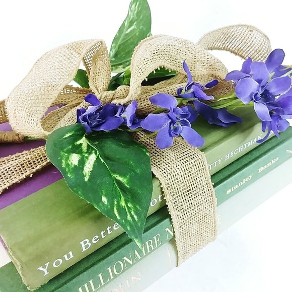 Decorative Tied Book Stack Farm House Decor Hard Cover Burlap Ribbon Set of 3 - Picture 6 of 6